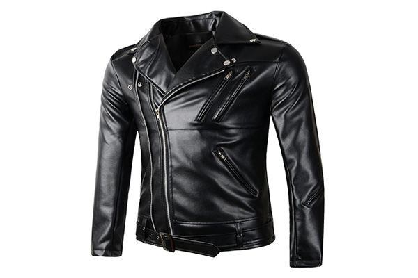 Men’s Casual Belted Design Biker Zipper Jacket Coat